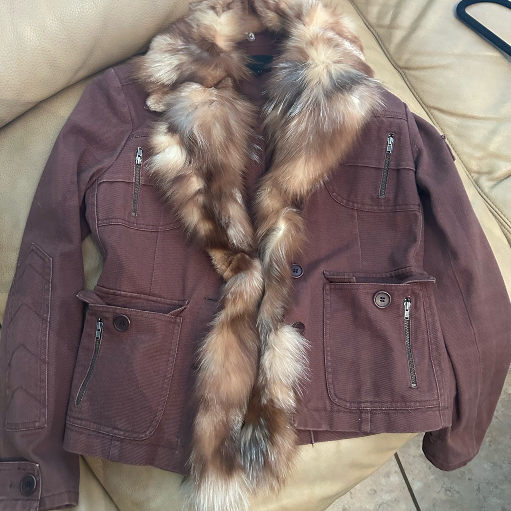 Bcbgmaxazria Brown Fox Fur-Trimmed Utility Jacket